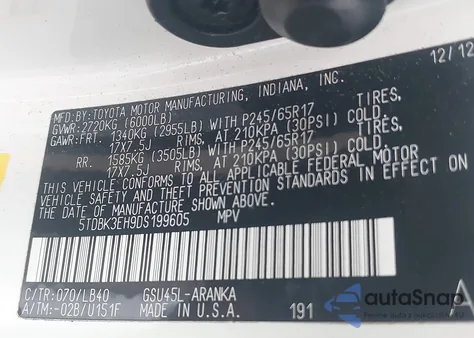 2013 Toyota Highlander Se V6 z USA, uszkodzony, nr VIN 5TDBK3EH9DS199605